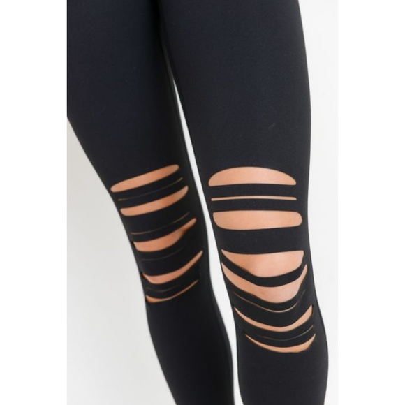 High Waist Laser Cut Ripped Knee Leggings - Picture 2 of 7